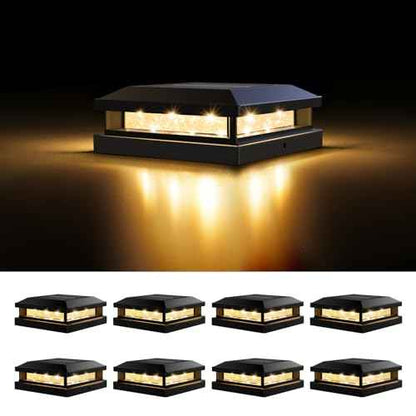 Solar Post Cap Lights Outdoor 8 Packs, Waterproof Solar Powered Deck Light for 4x4 4.5x4.5 5x5 Vinyl/Wooden Posts, Black Outside Warm/Cool Lighting Fence Cap Lights with 16LEDs for Garden, Patio