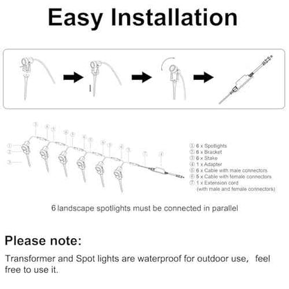 SUNTHIN Outdoor Landscape Lighting, 6 Pack Outdoor Spot Lights with Transformer for Yard, Plant, Lawn, Tree, Flags, House, Garden, Fence Use, IP65 Waterproof & Connectable