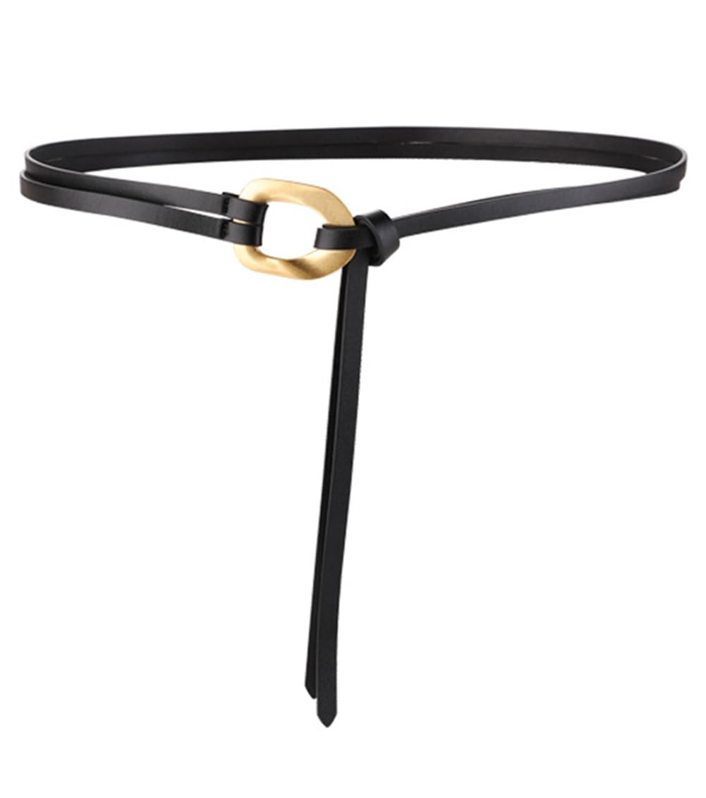 JRMLPL Women Double Strap Tie Belt Genuine Leather Gold Buckle Waist Belt Dress Corset (Black)