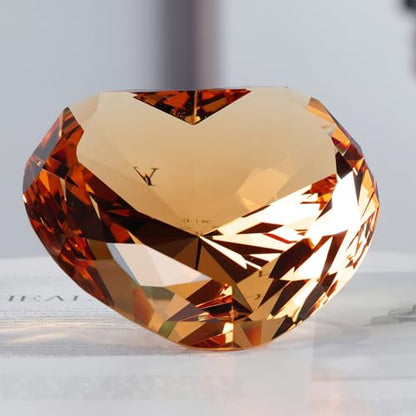 Amber Crystal Diamonds Paper Weights, Heart Shape Real Crystal Diamond Glass Gems Paperweight for Decoration 80mm, Big Diamonds Home Office Decor Valentine's Day Gift Wedding Favors with Gift Box
