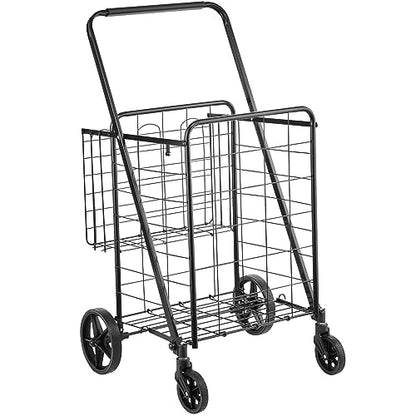 VEVOR Shopping Cart, 110 lbs Large Load Capacity, Folding Grocery Shopping Cart with 360° Swivel Wheels, Double Baskets, Locking Latch, Heavy Duty, Easy Installation, for Laundry, Luggage Camping