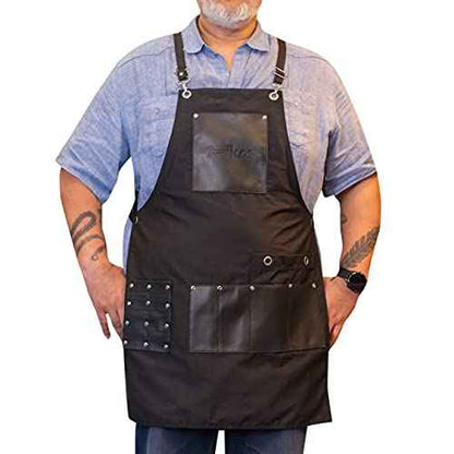 ikAS Canvas Apron for Men - Black Crossback Work Apron with Pockets - Adjustable Cotton Canvas for Hairdressers, Barbers, Artists, Cooking, Woodworking,Carpenters