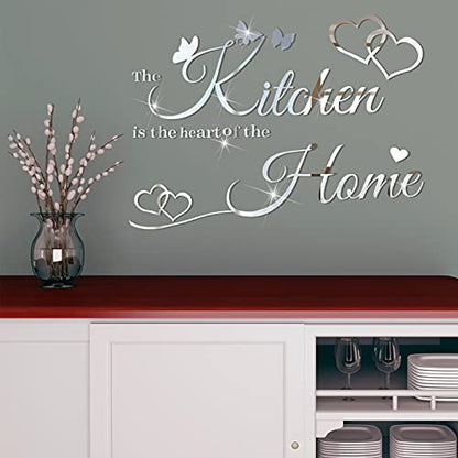 Kitchen Wall Stickers Kitchen The Heart of The Home 3D Acrylic Mirror Wall Decal Removable Quotes Sign Butterfly Heart Saying Decals DIY Art Decoration for Home Dining Room