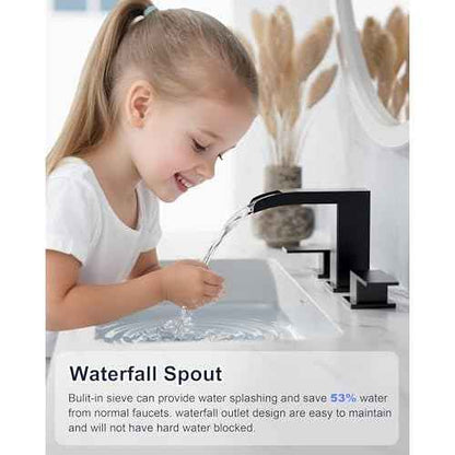Bathroom Sink Faucet 3 Hole, Matte Black Waterfall Bathroom Faucets, 8 Inch Widespread Bathroom Faucet with Pop-up Drain and Supply Lines, Two Handles Faucets for Vanity, Lavatory, Restroom, RV
