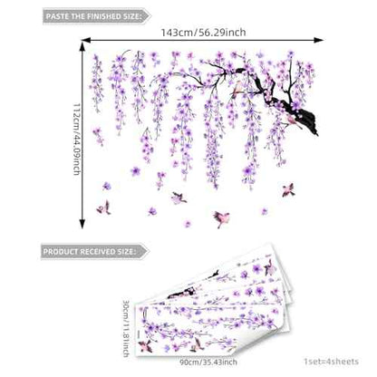 Lilac Wall Decoration Large Cherry Blossom Tree Wall Stickers,4 Sheets Spring Purple Flower Bird Wall Decals Peel and Stick Wall Murals Decor for Living Room Bedroom (Purple, 11.8 * 35.4inch)