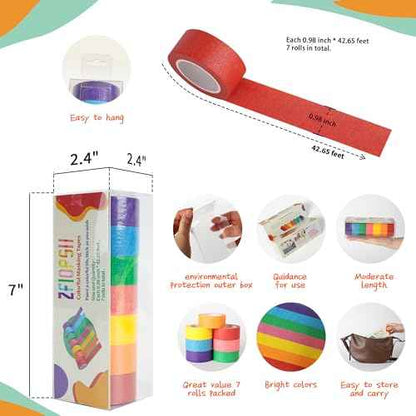 Colorful masking tape for arts and crafts, handmade labels, painters tape, painters tape, kids art supplies. Each roll is 1 In x 14.2 Yards (2.5cm x 13m), 7 rolls of different color tapes in a box.
