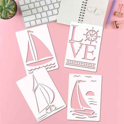 12pcs Sea Ocean Sailing Boat Seagull StencilNautical Sailboat Painting Stencils with Paint Brush Summer Sea Wave Fish Cloud Template for DIY Craft Furniture Wood Canvas