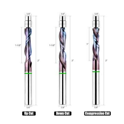 Compression-Cut Spiral Flush Trim Router Bit for Wood 1/4" Shank Solid Carbide CNC Woodworking Tool Precision Cutting, Edge Trimming, Flush Cut, Router Bit Set