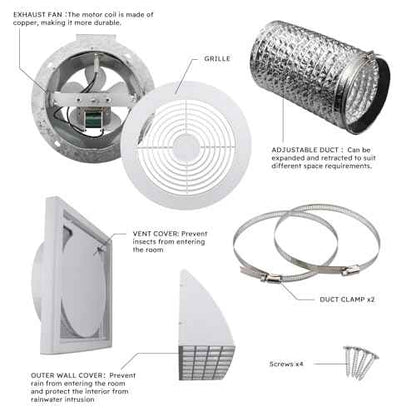 Quini 512M 6-inch Through the Wall Exhaust Fan, 80 CFM 4.0 Sones, Bathroom Wall Exhaust Fan, Kitchen Ventilation Fan, 6-inch Diameter Vent, Retractable Duct