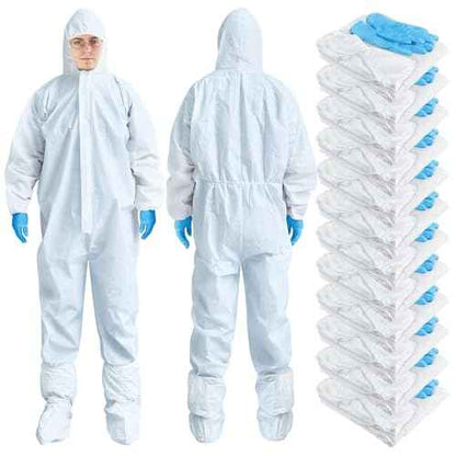 TrelaCo 12 Sets Hazmat Suit Disposable Protective Coveralls Full Body Paint Suit with Hood Shoe Cover and Glove Breathable Coverall (XXL,White)