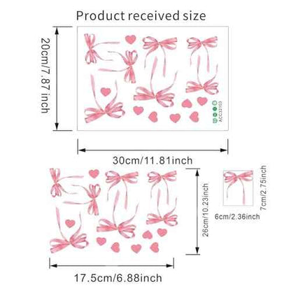 12 Sheets Bow Wall Stickers Peel and Stick Coquette Pink Bow Heart Decals for Room Nursery Boho Bedroom Dresser Playroom Living Room Windows Aesthetic Waterproof Wallpaper for Christmas Room Decor