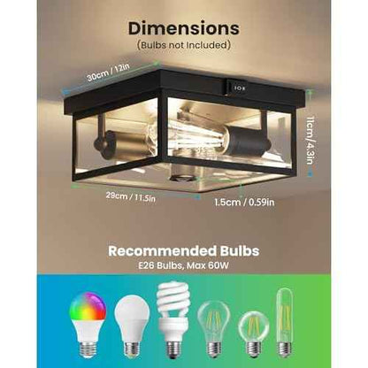 Outdoor Ceiling Light with Motion Sensor, Flush Mount Porch Light, Exterior Light Fixture with Clear Glass, Dusk to Dawn 2-Light Fixture for Patio,Porch (12 in)