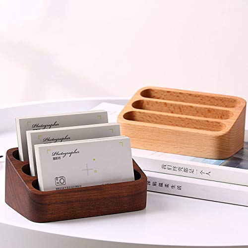 Sizikato Wooden Business Card Holder for Desk, 3 Card Slots Business Card Display Holder Stand
