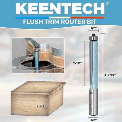 KEENTECH Router Bits 1/2" Shank, Flush Trim Router Bit, Extra Long Bearing Carbide Tipped Pattern Bit, Template Straight Heavy Duty Woodworking Trimming Cutting Tool, 1/2" Diameter, 2-1/2" Depth