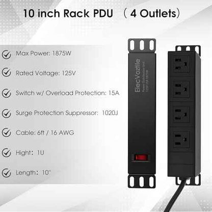 10 inch Rack PDU, 4 Rear Outlets, 1020J Surge Protection &15A Overload Switch, 1U RackMount, Rack Mount Power Strips for 10'' Mini Server Network Cabinets/Rack/Self, 6ft Cable