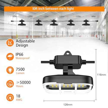 50ft LED Construction String Lights,Super Bright 7500lm 75w Adjuest 90&180 Degrees On Both Sides Waterproof IP66 Led String Work Lights, Construction Temporary Lights (50ft-Adjustable 5lights).
