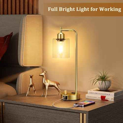 Innqoo Gold Table Lamp for Bedroom - Industrial Bedside Lamp with USB Port and Outlet, Fully Dimmable Nightstand Lamp with Clear Glass Shade, Small Desk Lamps for Home Office