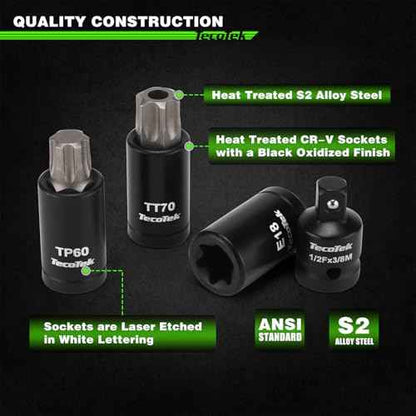 67-Piece Master Torx Bit Socket and External Torx Socket Set, 1/4", 3/8" and 1/2" Drive, S2 and Cr-V Steel, E4 - E24, T6 - T70, TT6 - TT70, TP8 - TP60, Includes 7PCS Socket Adapters