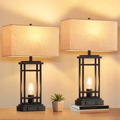 Table Lamp, Set of 2 Modern Bedside Lamps Desk Lamp with Night Light and USB C+A Charging Port Lamps for Night Stands Bedroom Living Room Home Office