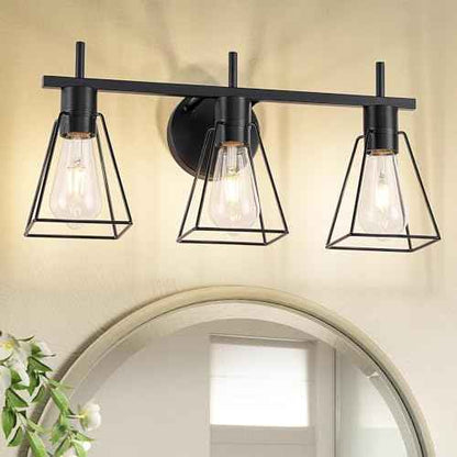 Farmhouse Bathroom Vanity Light Fixtures Over Mirror, Matte Black 3-Light Wall Sconce with Metal Cage, E26 Socket (Bulbs Not Included)