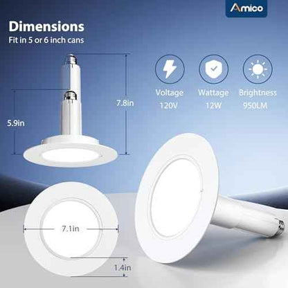 Amico 5/6 inch 5CCT LED Recessed Lighting 6 Pack, 12W=100W, 950LM Adjustable Can Lights, 2700K/3000K/4000K/5000K/6000K Selectable, Dimmable, IC & Damp Rated, Retrofit Installation - ETL & FCC