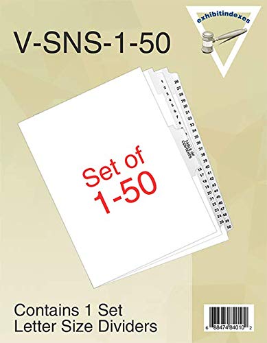 Exhibitindexes® Numbered Divider 1-50 Un-Punched - AVE Style Bold Tab - Side Collated Exhibit Tabs - Made in The USA | Letter Size - 1-50 - Sets Not Punched