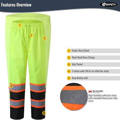 JKSafety Hi-Vis Rain Pants for Men Women Waterproof 3M Scotchlite Reflective Safety Trousers Water-Resistance HV Gears for Farming Fishing Sports Works Inner Mesh Lining (114-YBlk XL)