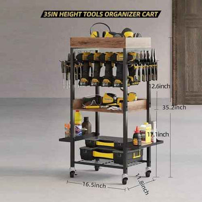 Power Tool Organizer Cart Metal Floor Standing Rolling Drill Rolling Tool Cart Box Organizer - 4 Layer Garage Storage Shelving with Wheels, for Workbench and Garage Gift for Men, Father.