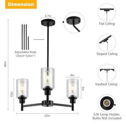 9MMML Farmhouse 3-Light Glass Chandelier, Modern Black Chandelier for Kitchen, Dining Room, Living Room, Foyer, E26 Bulb Base