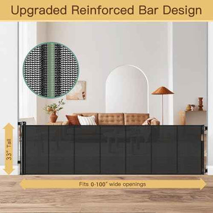Reinforced Bottom 100 Inch Retractable Baby Gates Extra Wide Baby Gate for Large Openings, 8 ft Super Long Child Gates for Large Openings, Mesh Retractable Dog Gate for Doorways Extra Wide, Black