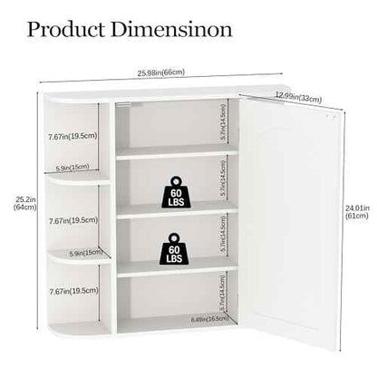 Bathroom Wall Cabinet, Medicine Cabinet with Mirror and Adjustable Shelves,White Wall Mounted Cabinet Over The Toile,3-Tier Wood Hanging Storage for Bathroom,Kitchen,Living,Laundry Room