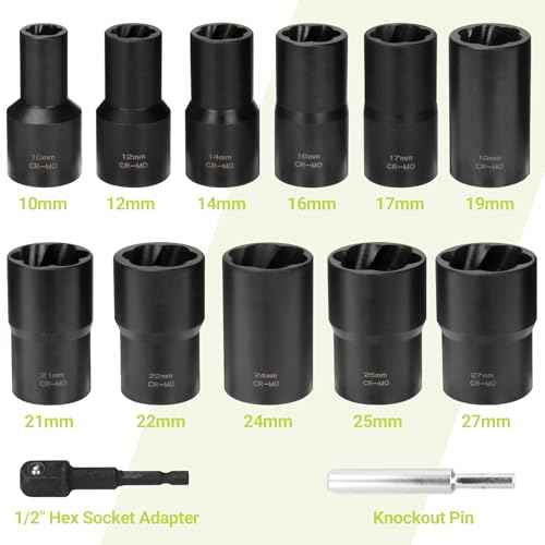 Lug Nut Extractor Twist Socket Set, 13 Pieces Wheel Lock Removal Kit, for Removing Damaged, Frozen, Rusted, Nuts & Screws, Cr-Mo Steel