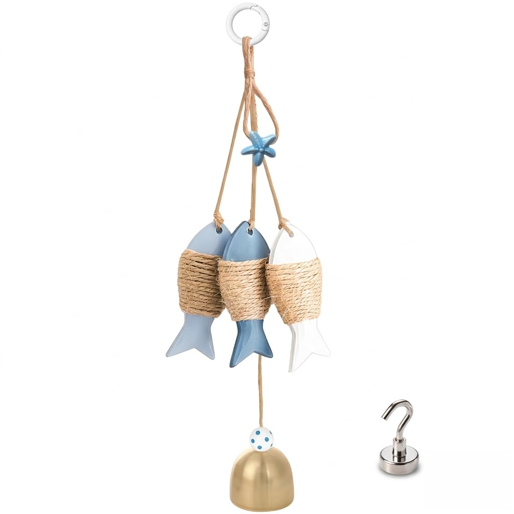 FAMCHAINS Distressed Wooden Fish Wall Decor with Melodic Bell, Nautical Hanging Ornament with Bonus Magnetic Hook, Rustic Beach Theme Art for Lake House Bathroom Garden Porch Decoration