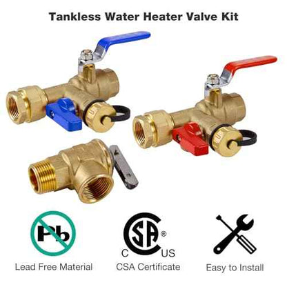 ThermoMate 3/4 Inch IPS Isolator Tankless Water Heater Service Valve Kit, with Pressure Relief Valve, Clean Brass