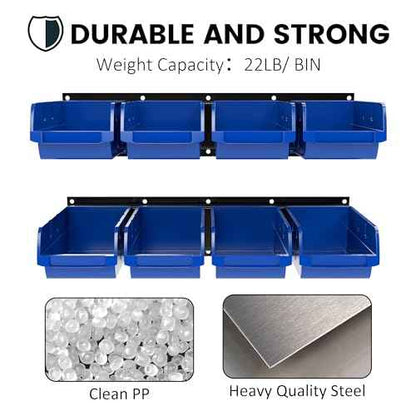 UNITEDPOWER wall mounted garage storage bin, Parts Rack, Plastic Hanging Stackable Storage Bin, Hardware Tool Organizer for workshop, Craft Room, school and Shop, 8 Bins&2 Rails (Blue), Large