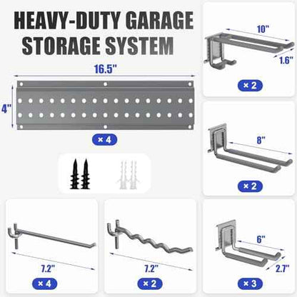Garage Tool Organizer Wall Mount 64 inches with 13 Adjustable Heavy-Duty Hooks, Garage Organization, Garden Tool Storage Rack, Yard, and Shed, Holds Up to 520 lbs (Grey)