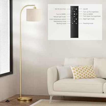 Arc Floor Lamp with Remote and Stepless Dimmable Bulb, Colors Temperature & Brightness Adjustable, Gold Floor Lamps for Living Room£¨Deep Beige Shade & Gold Pole£©