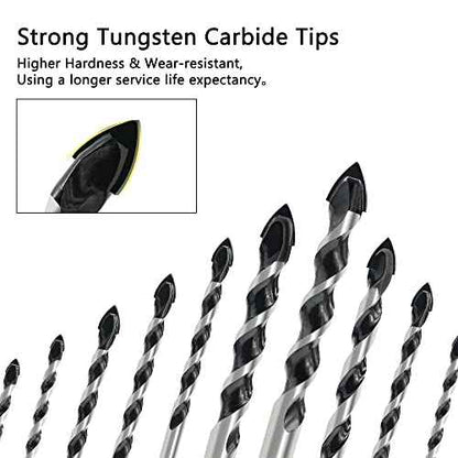 10pcs Masonry Drill Bits Set, 1/8 to 1/2" Concrete Drill Bit Set, Multi-Material Drill Bits for Brick, Tile, Cement, Ceramic, Glass, Plastic, Industrial Strength Carbide Tip with Storage Box