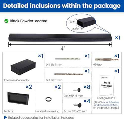 Muzata 4FT Black Cable Railing Handrail Rectangular Stainless Steel Handrail for Cable Railing System Top Rail Deck Stair Indoor Outdoor Length Adjustable with Paper User Guide HT10 BP4