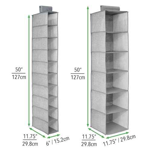 mDesign Fabric Over Rod Hanging Closet Storage Organizers, Includes a Wide 6-Shelf Sweater Organizer, and a Narrow 10-Shelf Shoe Rack - Textured Print - Set of 2 - Gray