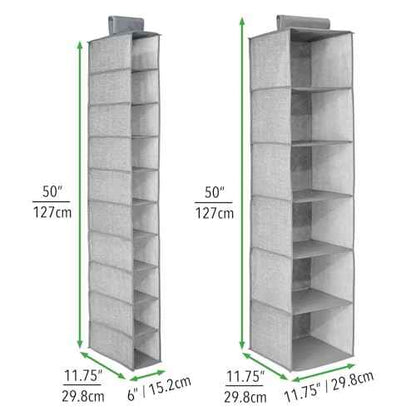 mDesign Fabric Over Rod Hanging Closet Storage Organizers, Includes a Wide 6-Shelf Sweater Organizer, and a Narrow 10-Shelf Shoe Rack - Textured Print - Set of 2 - Gray