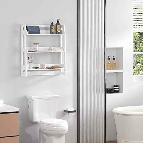 UTEX Bathroom Wall Shelf, Over Toilet Storage Shelf Organizer, 3-Tier Wall Mount Shelf Rack with Hook, White