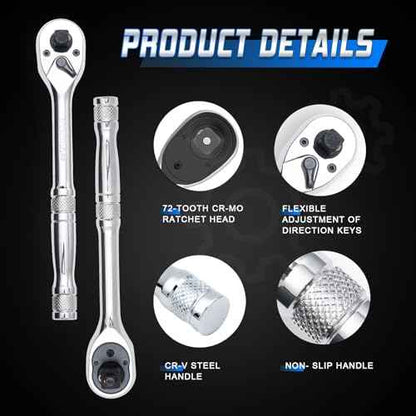 3-IN-1 Ratchet Handle,1/4",3/8",1/2" Drive Ratchet Wrench,72-Tooth Reversible Switch,Full-Polished Chrome Plating,Chromium Vanadium Steel,3/8 Pole