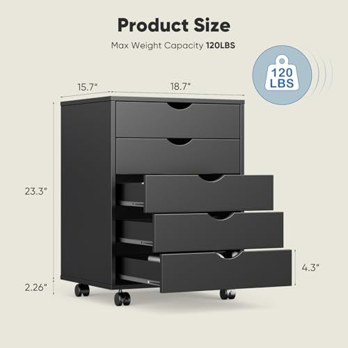 OLIXIS 5 Drawer Mobile File Cabinet Under Desk Storage Organization with Wheels Vertical Filing Chest Rolling Wood Small Desk Printer Stand for Home Office, 15.75"D x 18.74"W x 25.39"H, Black
