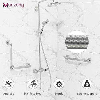 16 Inch Anti Slip Angled Shower Grab Bars with Munzong 20 Inch Stainless Steel Bathroom Grab Bar Brushed Nickel Toilet Handicap Grab Rail Knurled Safety Handle Support Elderly Injury Senior Bath