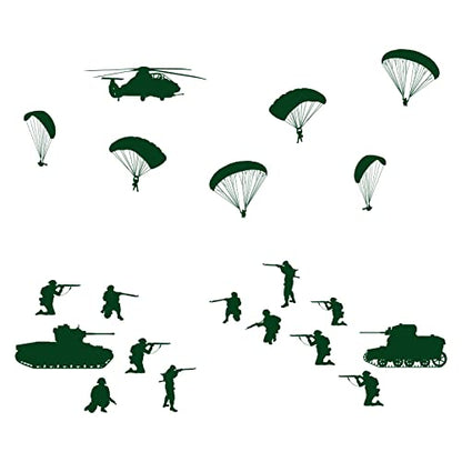 PLIGREAT 20 Pcs Parachutes Tanks Soldiers Wall Stickers, Peel and Stick Wall Decals, DIY Art Decor Removable Vinyl Military Green Walls Stickers for Living Room Bedroom Paly Room Home Decorations