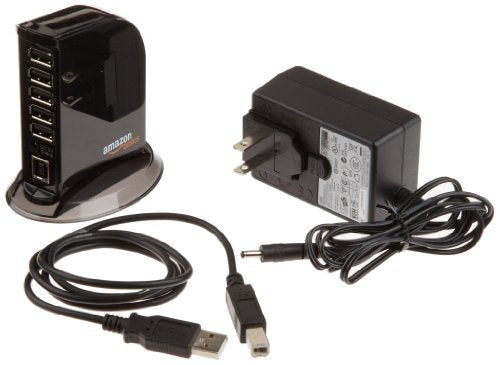 Amazon Basics 7 Port USB 2.0 Hub Tower with 5V/4A Power Adapter, Plug and Play, Charging Ports, Black