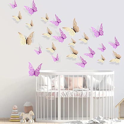 3D Purple Gold Butterfly Wall Stickers, 24 PCS 3 Sizes Butterfly Wall Decals, Removable Metallic Gold Wall Sticker Room Mural for Paper Art Party Cupcake Kids Bedroom Classroom Wedding Balloon Decors