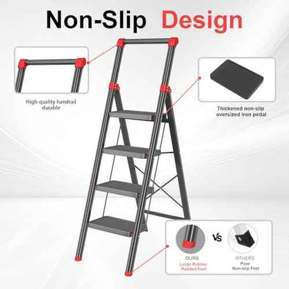 4 Step Ladder, DIAMONDFORGE Folding Step Stool with Wide Anti-Slip Pedal, Anti-Slip Feet and Handgrip, Sturdiest Steel Construction, Steel Ladder for Home, Black Red
