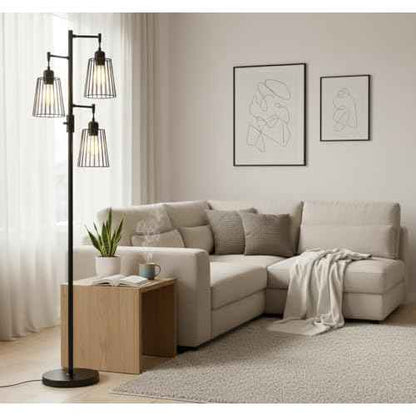 PESRAE Dimmable Industrial Floor Lamp, Farmhouse Floor Lamp Standing Lamp with 3 Elegant Teardrop Cage Heads & Included 3 x 1200LM Edison LED Bulbs, Tall Lamp for Living Room, Bedroom (Matte Black)